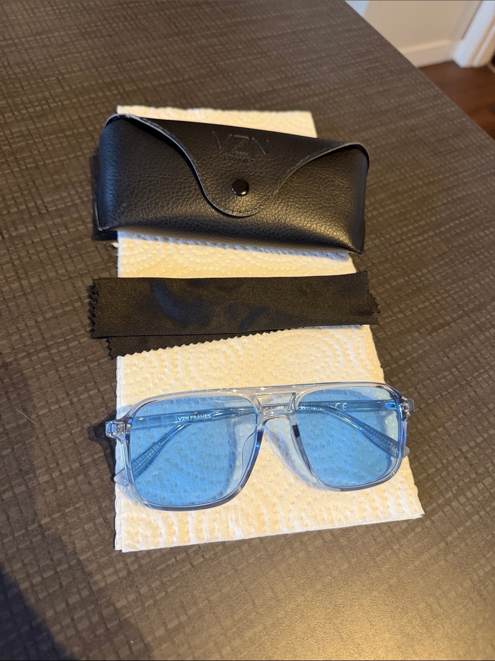 Clear Frame Blue Lens Sunglasses with Black Case
